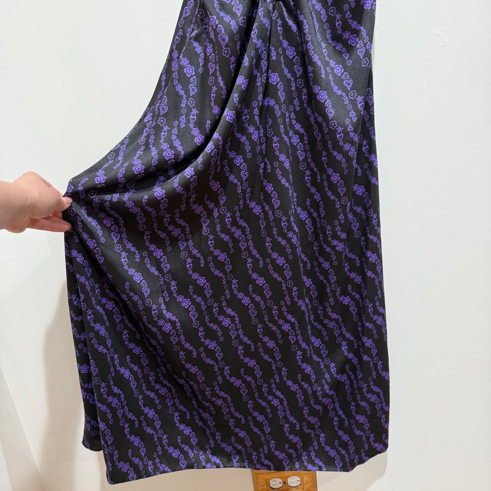 SANDRO Thais Ruched Crossback A-Line Midi Dress Noir Violet Heart Print 36 US 4 - Picture 9 of 14